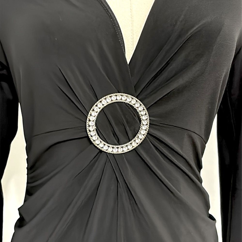 NWT Vtg Black Midi Dress Size L Ruched Long Sleeve Rhinestones‎ Evening Cocktail - Picture 12 of 13